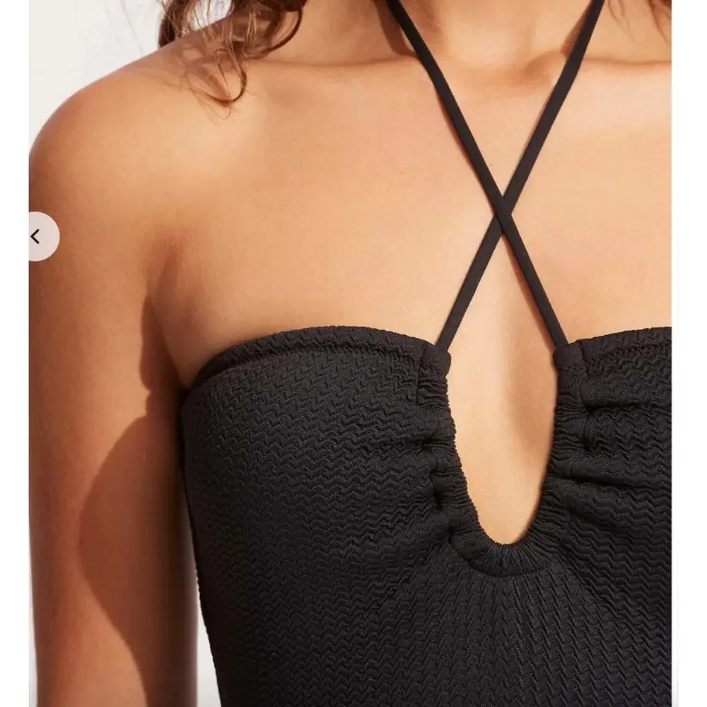 SEAFOLLY Black Halter Bandeau One Piece Tie Swimsuit Bathing Suit NWT Size 10